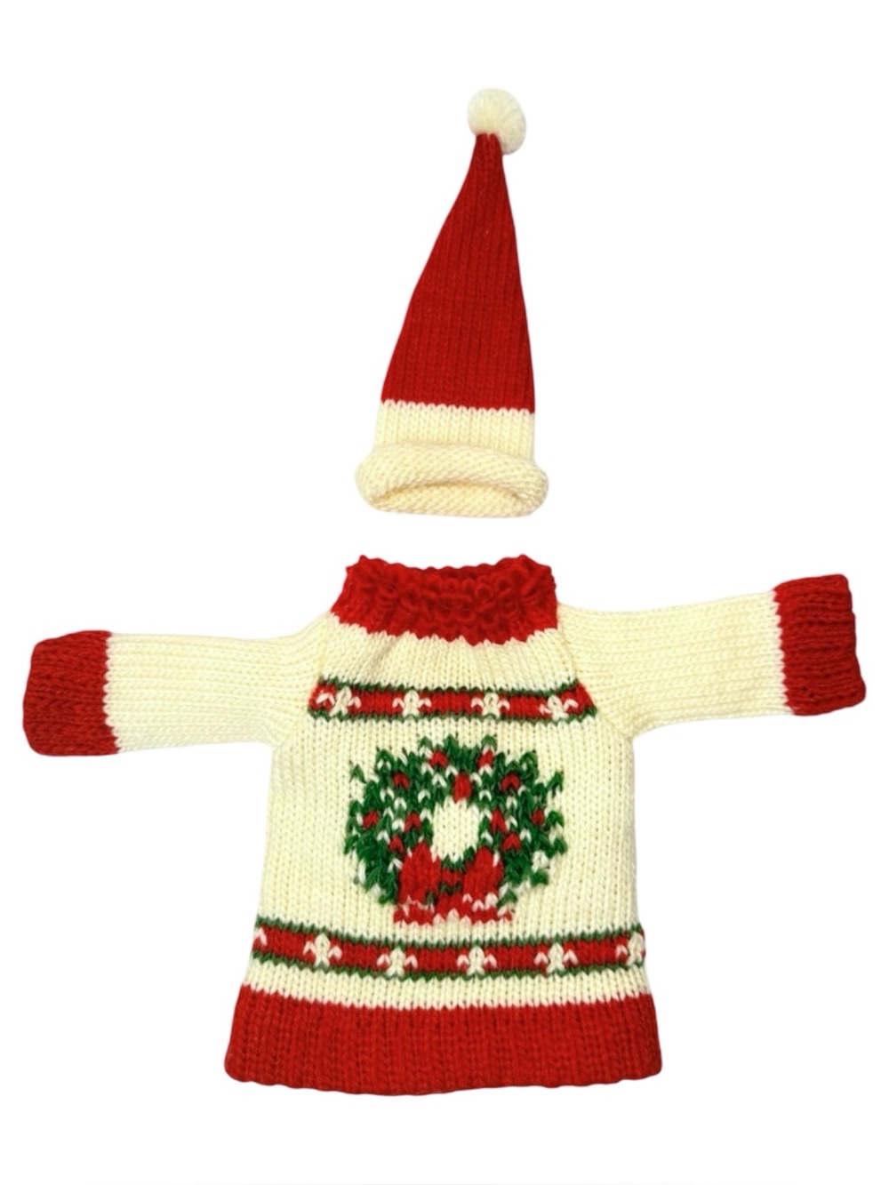 Doll or Teddy Bear Christmas Sweater and Santa Hat Set Wreath Red Creme Green